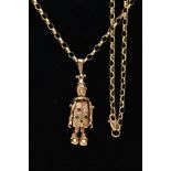 A 9CT GOLD CLOWN PENDANT AND CHAIN, the articulated clown set with four stones to the body, fitted