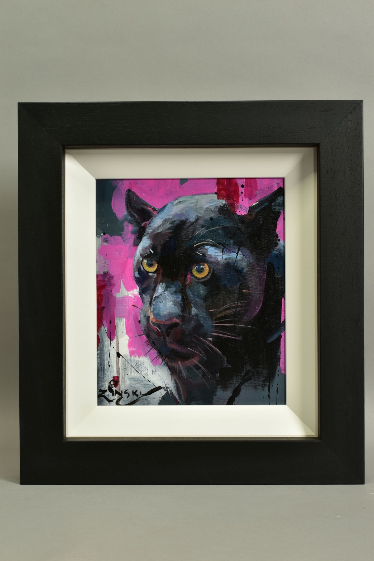 ZINKSY (BRITISH CONTEMPORARY) 'PANTHER', a head portrait of a black panther, signed bottom left, oil