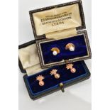 THREE ROSE GOLD COLLAR STUDS AND TWO PEARL STUDS, the three of a ball and flame design, two