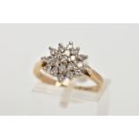 A 9CT GOLD DIAMOND CLUSTER RING, the cluster designed with claw set, round brilliant cut diamonds,