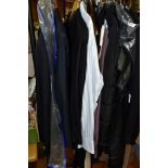 TWO BOXES AND LOOSE MENS CLOTHING AND ACCESSORIES AND LADIES HANDBAGS, clothing to include suits,