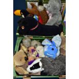 TWO BOXES OF ASSORTED SOFT TOYS, to include Chiltern Toys grey cat with working squeaker, damaged