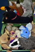 TWO BOXES OF ASSORTED SOFT TOYS, to include Chiltern Toys grey cat with working squeaker, damaged