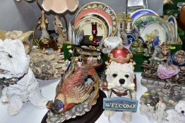 A BOX AND LOOSE CERAMICS AND SCULPTURES, ETC, to include West Highland White Terrier Collectors