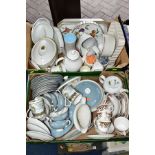 TWO BOXES OF TEA/DINNER WARES ETC, to include Royal Doulton 'Reflection' dinner plates, side plates,