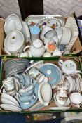 TWO BOXES OF TEA/DINNER WARES ETC, to include Royal Doulton 'Reflection' dinner plates, side plates,