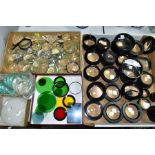 FIVE BOXES OF OPTICAL LENS ELEMENTS, FILTERS AND PART LENSES, ETC