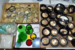 FIVE BOXES OF OPTICAL LENS ELEMENTS, FILTERS AND PART LENSES, ETC