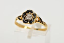 A VICTORIAN, DIAMOND AND BLACK ENAMEL MEMORIAL RING, centring on a star set, old cut diamond