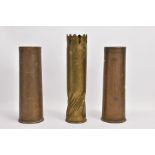 THREE WWI ERA SHELL CASES, one in Trench Art form, hammered giving the effect of being twisted,