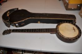 AN EARLY 20TH CENTURY INLAID ROSEWOOD 5 STRING BANJO Stamped G.A.Little on neck heel with
