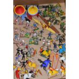 A QUANTITY OF ASSORTED TIMPO, BRITAINS AND OTHER PLASTIC KNIGHTS, SOLDIERS AND OTHER FIGURES, to