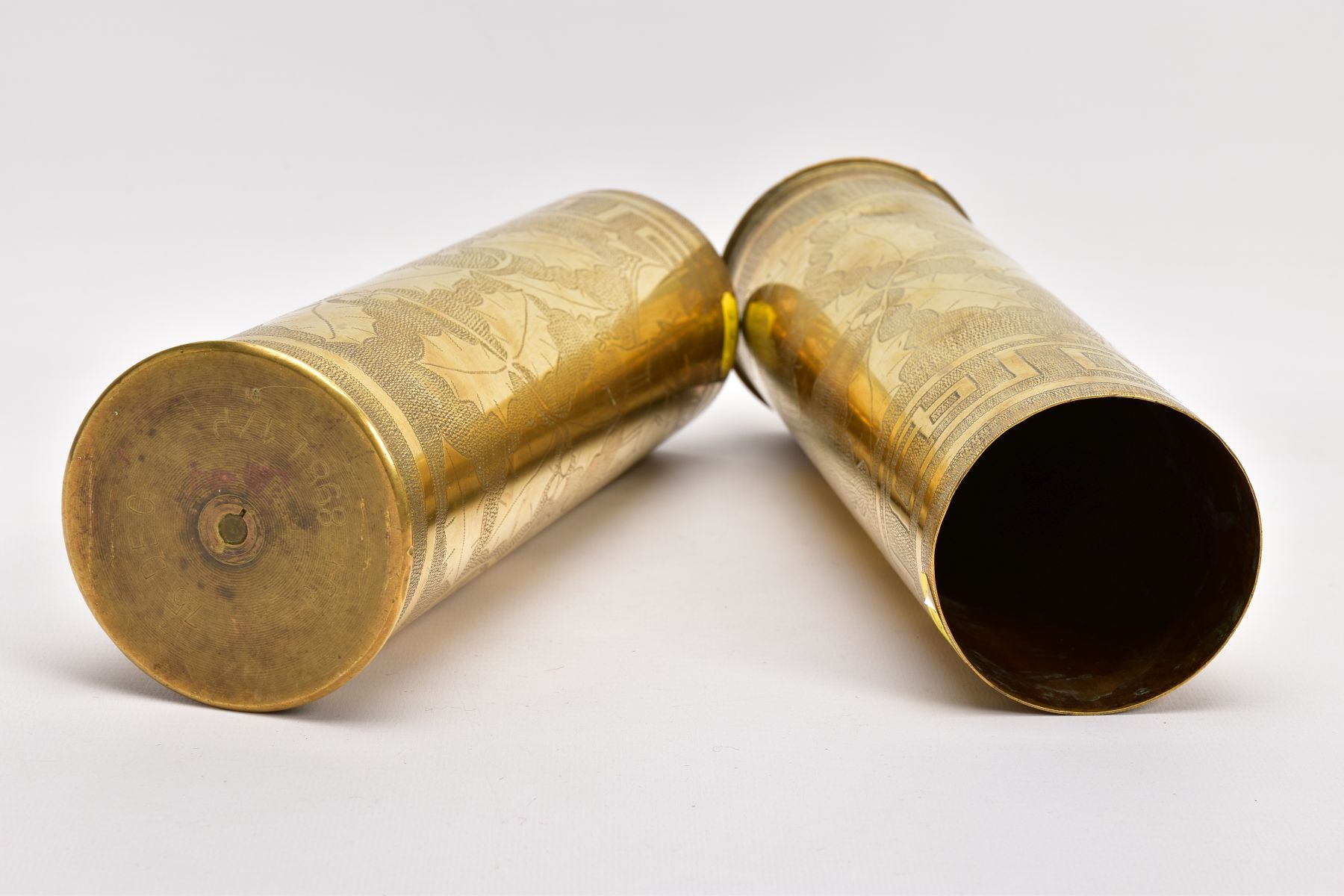 TWO WWI ERA SHELL CASES, in Trench Art form, with ornated Holly design, have been polished but in - Image 5 of 5