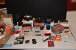 A TRAY CONTAINING FILM SLR CAMERAS AND EQUIPMENT including a Boxed Pentax K1000 body, a Pentax Super