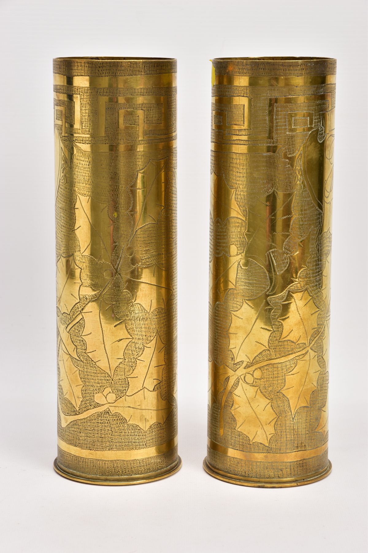 TWO WWI ERA SHELL CASES, in Trench Art form, with ornated Holly design, have been polished but in - Image 2 of 5