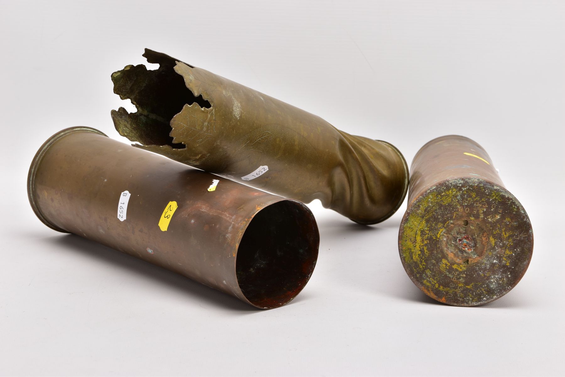 THREE WWI ERA SHELL CASES, one in Trench Art form, hammered giving the effect of being twisted, - Image 3 of 4