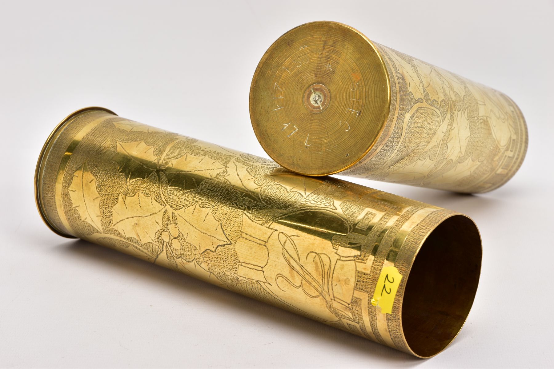 TWO WWI ERA SHELL CASES, in Trench Art form, with ornated Holly design, have been polished but in - Image 4 of 5