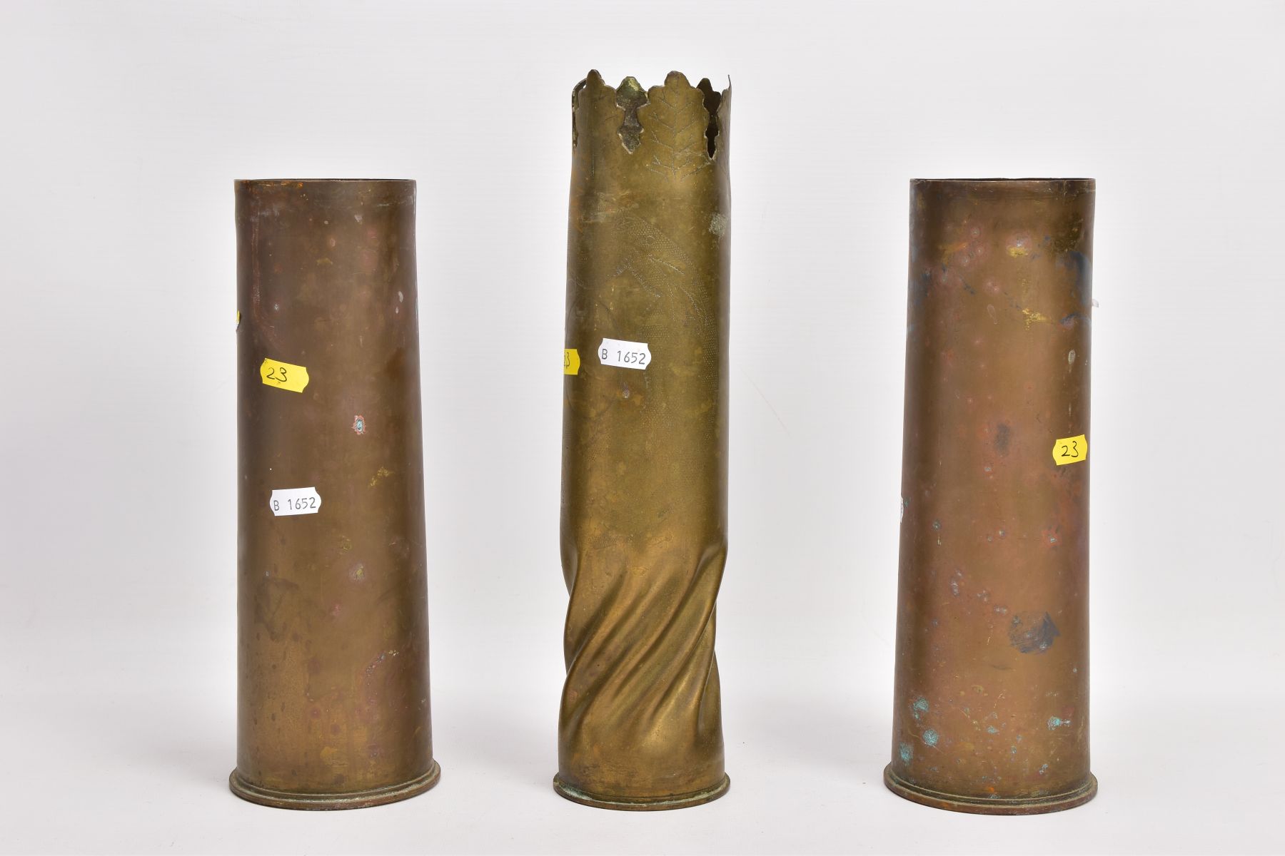 THREE WWI ERA SHELL CASES, one in Trench Art form, hammered giving the effect of being twisted, - Image 2 of 4