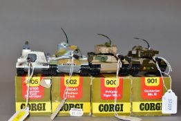 FOUR BOXED CORGI TOYS TANKS, PzKpfw Tiger Mk.I, No.900, Centurion Mk.III, No.901, M60A1 Medium Tank,