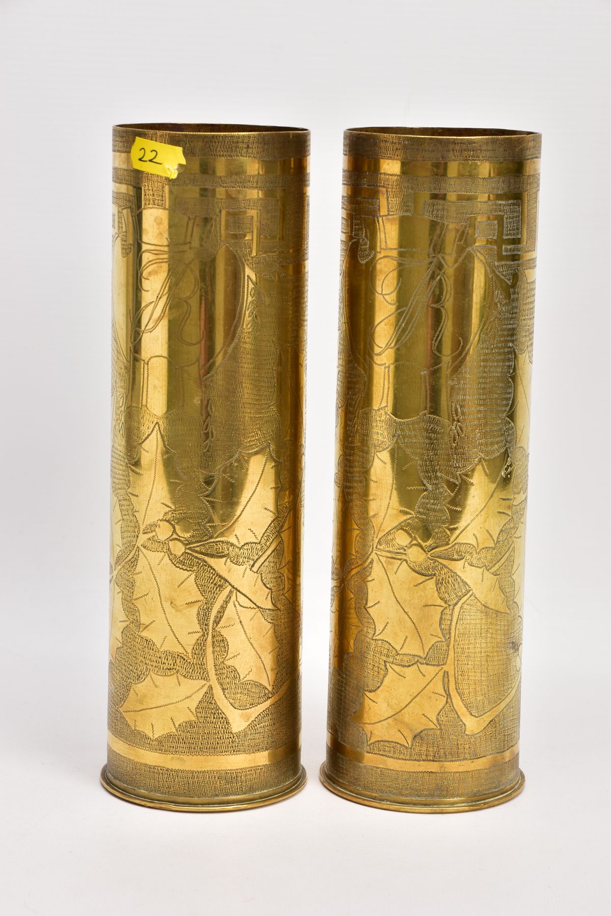 TWO WWI ERA SHELL CASES, in Trench Art form, with ornated Holly design, have been polished but in - Image 3 of 5