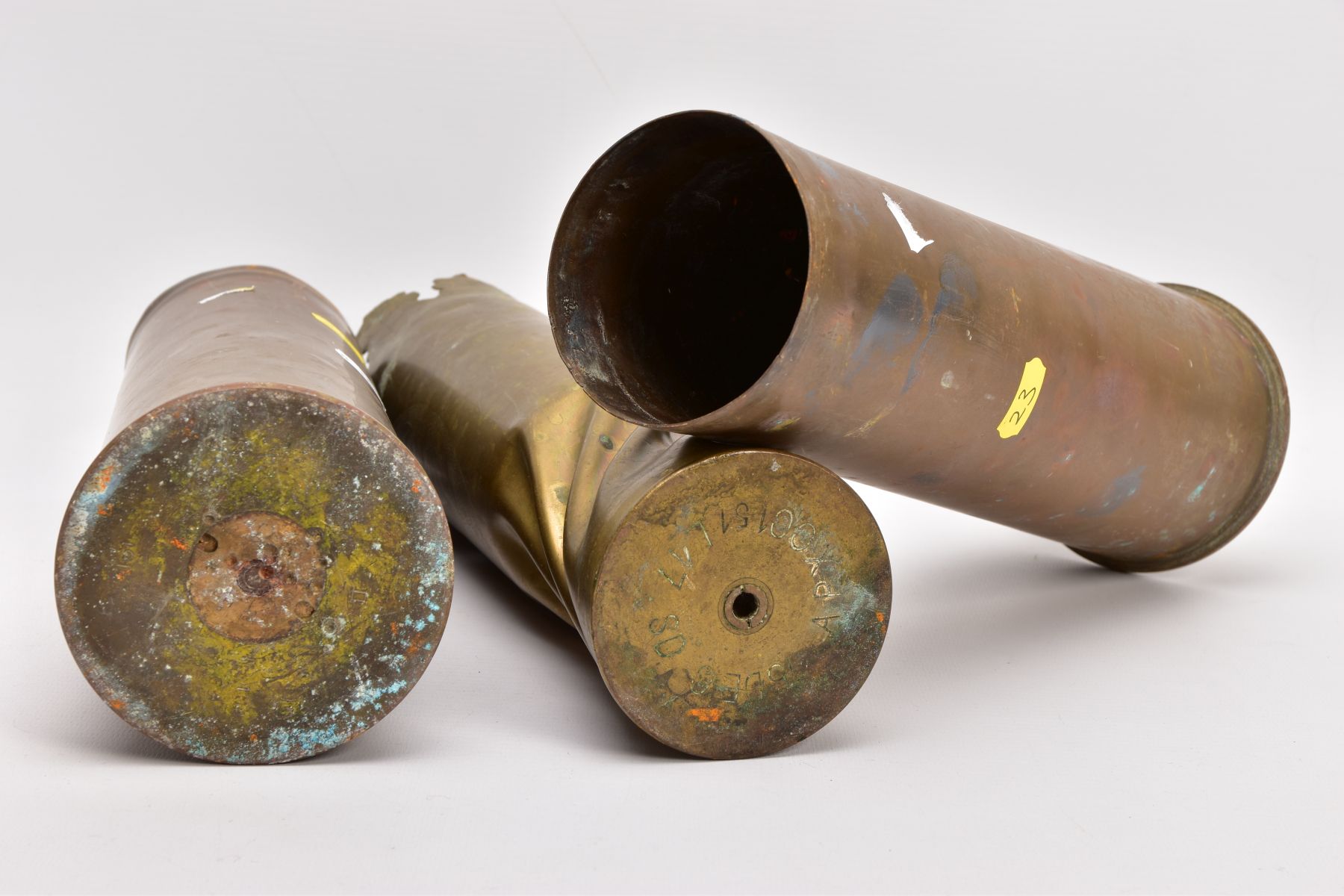 THREE WWI ERA SHELL CASES, one in Trench Art form, hammered giving the effect of being twisted, - Image 4 of 4