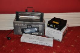 AN EQUINOX WILDZAP STROBE LIGHT in box. a Laserworld EL400RGB show laser ( both PAT pass and