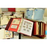 LARGE COLLECTION OF STAMPS IN TWO BOXES, first box with eleven albums, including a few covers