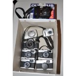 TEN OLYMPUS CAMERAS AND LENSES, including three Trip 135, a Camedia C4040Z digital etc ( full list