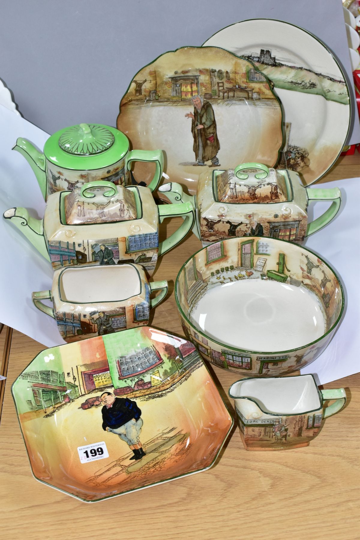 NINE PIECES OF ROYAL DOLTON DICKENS WARE, comprising a shaped square dish, The Fat Boy D5175, 20cm