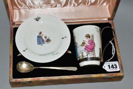 A CASED TWO PIECE ROYAL DOULTON CHINA NURSERY RHYMES L SERIES WARE, comprising burke beaker with