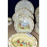 FOUR PIECES OF ROYAL DOULTON BUNNYKINS EARTHENWARE TABLEWARE DESIGNED BY BARBARA VERNON AND COLIN