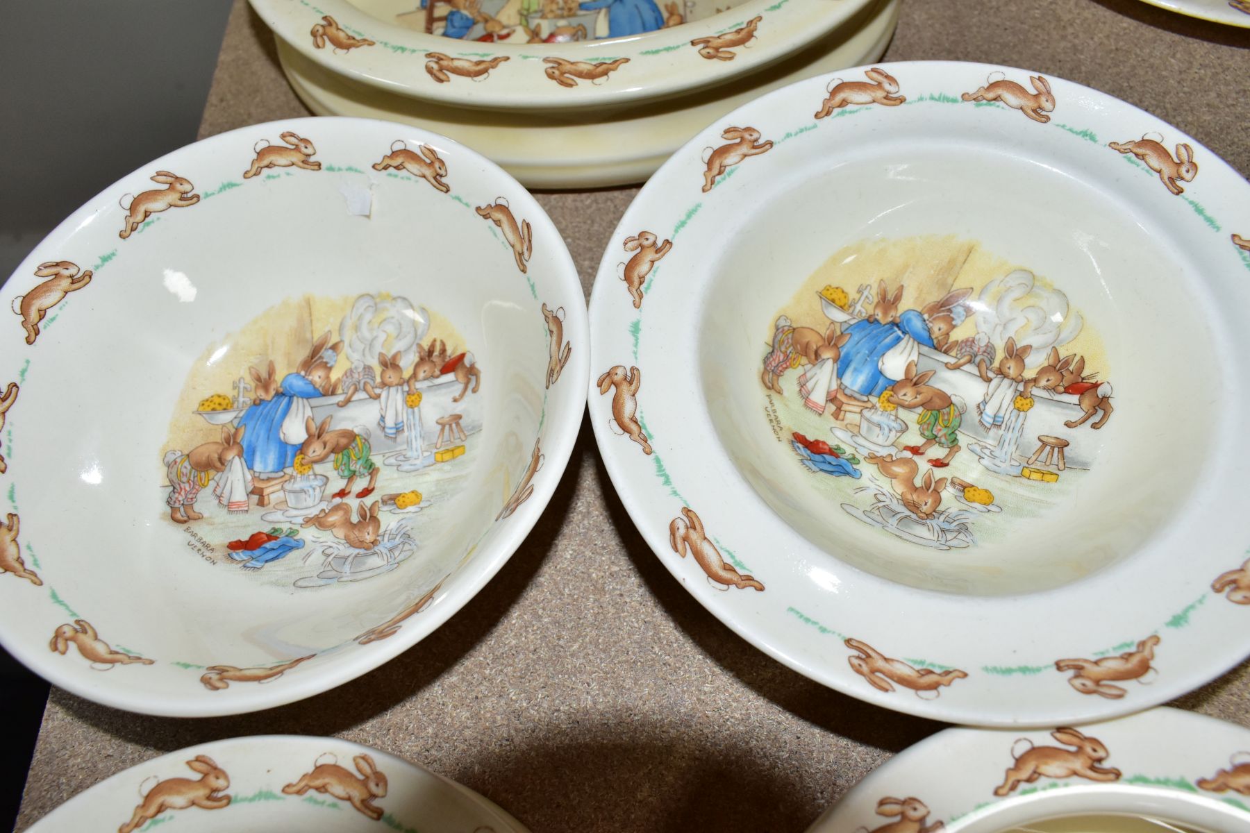 SIX PIECES OF ROYAL DOULTON BUNNYKINS EARTHENWARE TABLEWARES OF SCENES BY BARBARA VERNON AND - Image 3 of 13