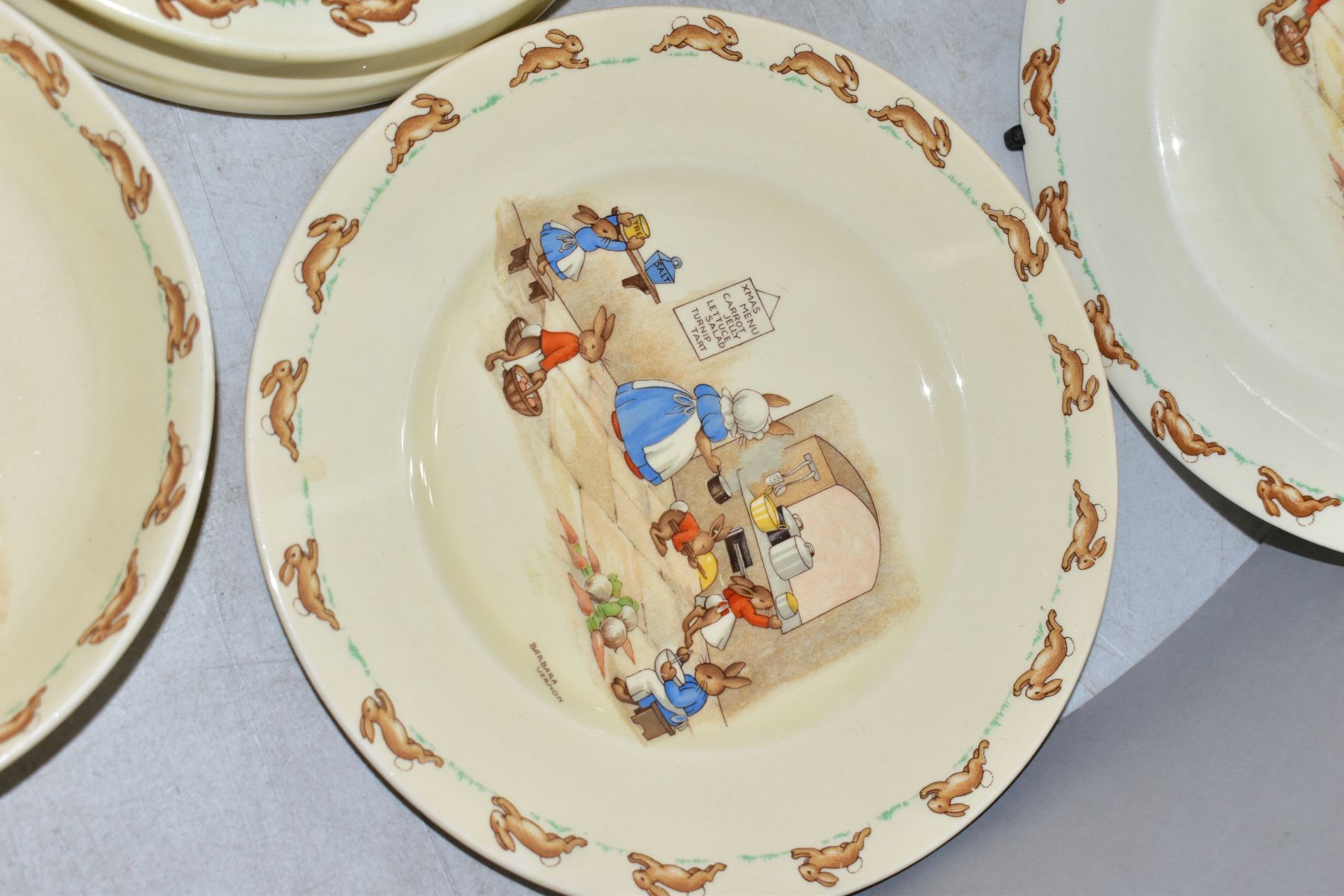 FIVE PIECES ROYAL DOULTON BUNNYKINS EARTHENWARE TABLEWARES OF XMAS MENU SCENE LF8 designed by - Image 4 of 9