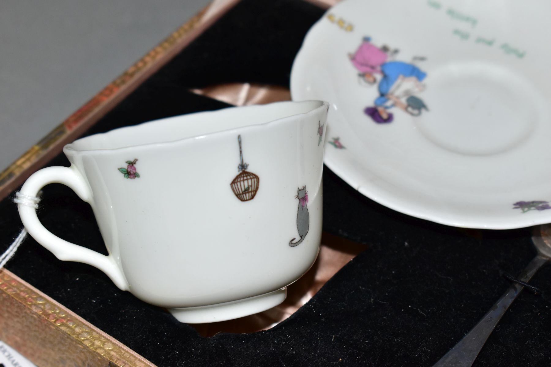 A CASED ROYAL DOULTON CHINA NURSERY RHYMES L SERIES WARE TRIO AND SILVER PLATED TEASPOON, the - Image 5 of 6