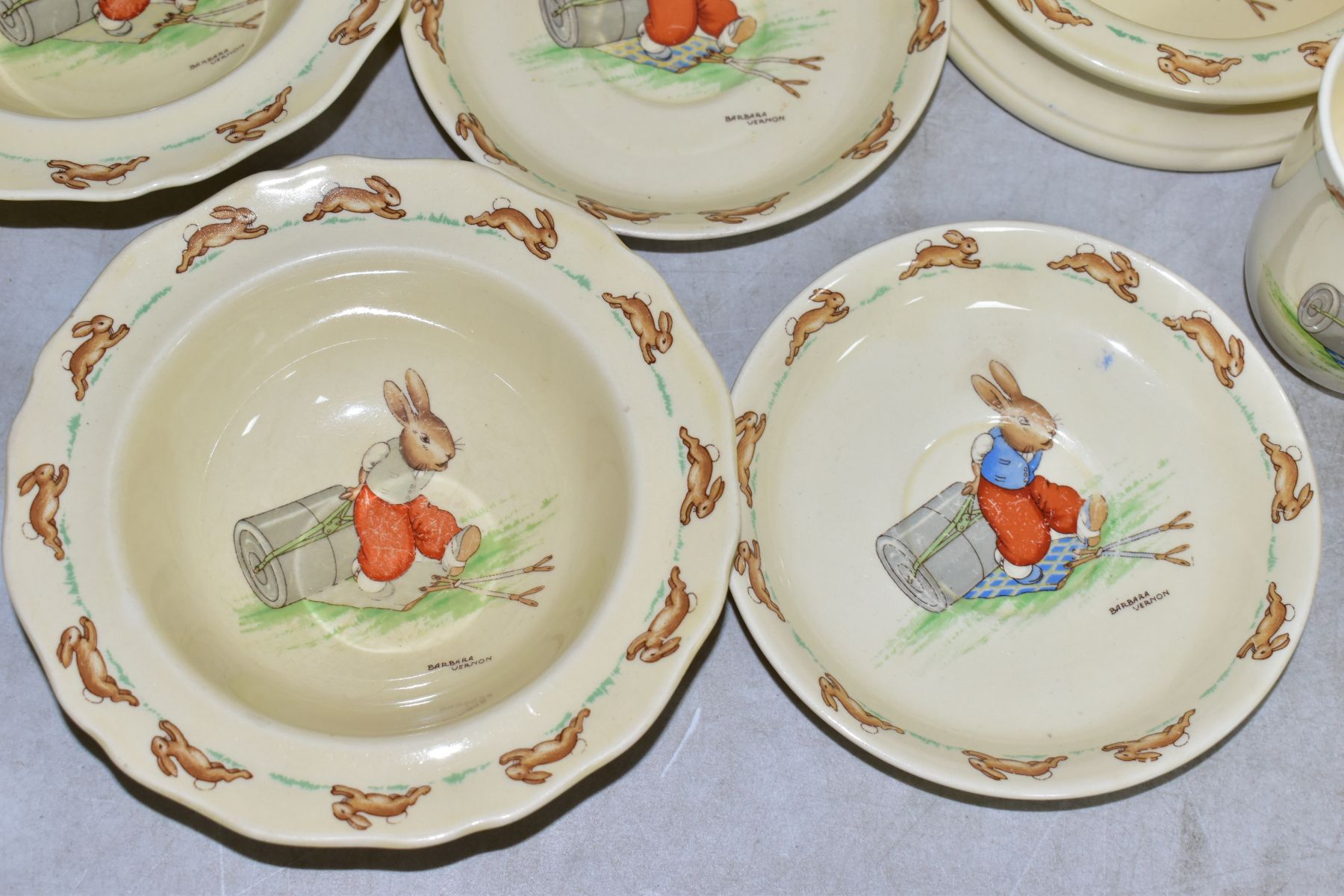 THIRTEEN PIECES OF ROYAL DOULTON BUNNYKINS EARTHENWARE TABLEWARES OF PRESSING TROUSERS SCENE HW14 BY - Image 3 of 13