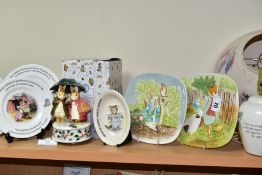 A GROUP OF BEATRIX POTTER RELATED PLATES, LAMP, ETC, comprising two Beswick plaques Jemima Puddle-