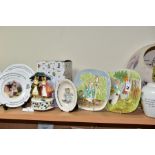 A GROUP OF BEATRIX POTTER RELATED PLATES, LAMP, ETC, comprising two Beswick plaques Jemima Puddle-