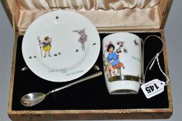 A CASED TWO PIECE ROYAL DOULTON CHINA NURSERY RYHYMES L SERIES WARE TEA SET, comprising burke beaker