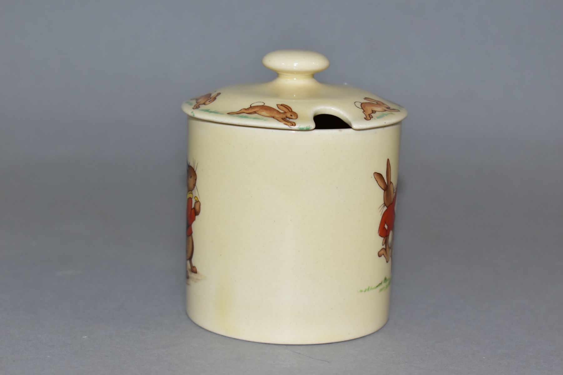 A ROYAL DOULTON BUNNYKINS EARTHENWARE JAM POT, Lambeth Walk, HW16, first version designed by Barbara - Image 2 of 7