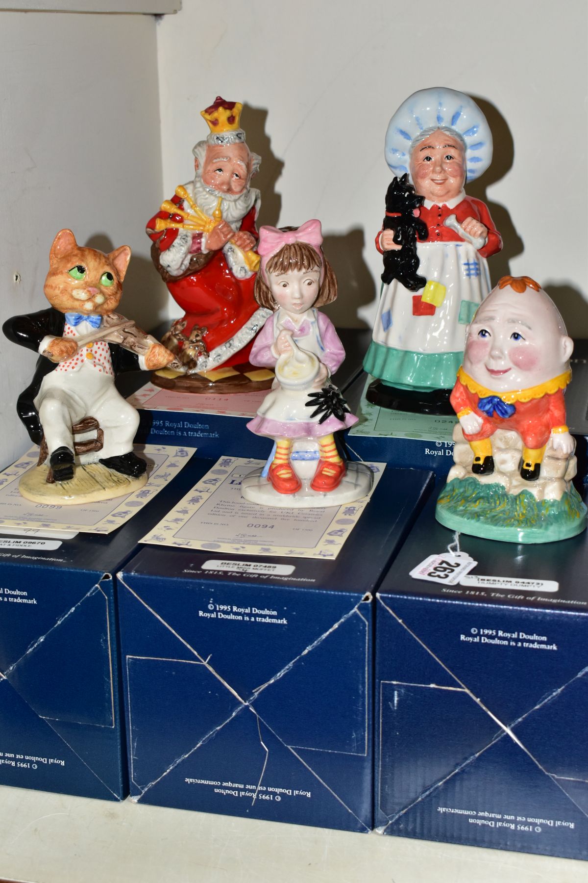 FIVE BOXED LIMITED EDITION ROYAL DOULTON NURSERY RHYME COLLECTION FIGURES, comprising Humpty