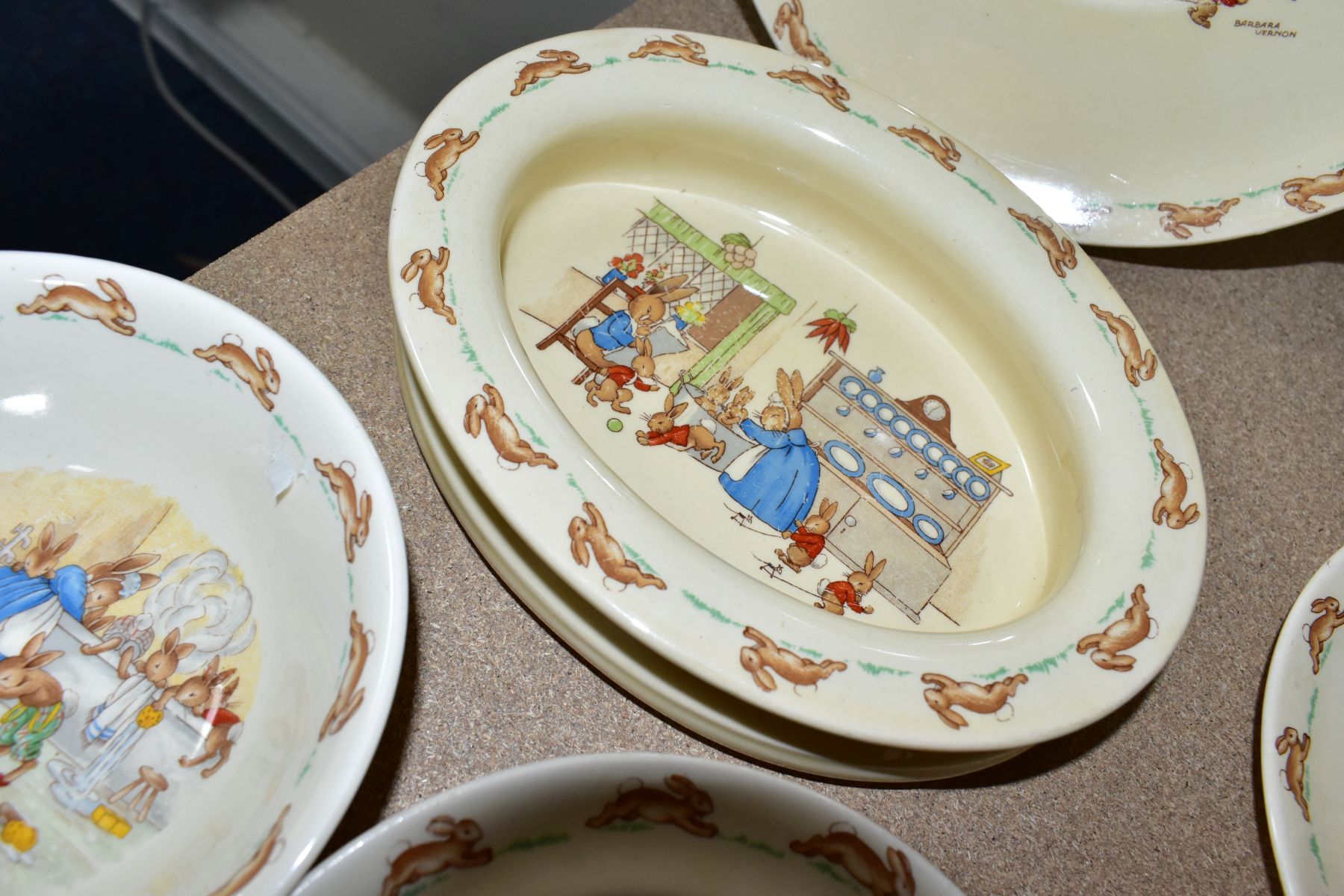 SIX PIECES OF ROYAL DOULTON BUNNYKINS EARTHENWARE TABLEWARES OF SCENES BY BARBARA VERNON AND - Image 10 of 13