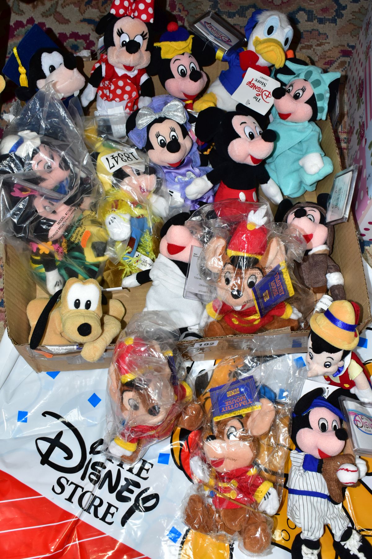 A BOX OF DISNEY COLLECT IT SOFT TOYS, most still with tags characters include Mickey and Minnie