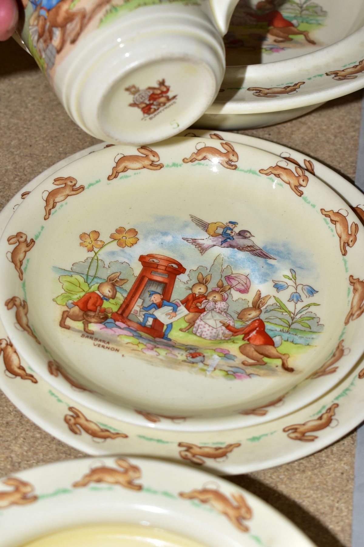 SIX PIECES OF ROYAL DOULTON BUNNYKINS EARTHENWARE TABLEWARES OF SCENES BY WALTER HAYWARD AFTER - Image 8 of 10