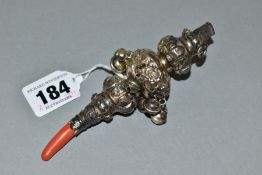 A VICTORIAN SILVER GILT BABY'S RATTLE, fitted with whistle, bells and coral teether, maker