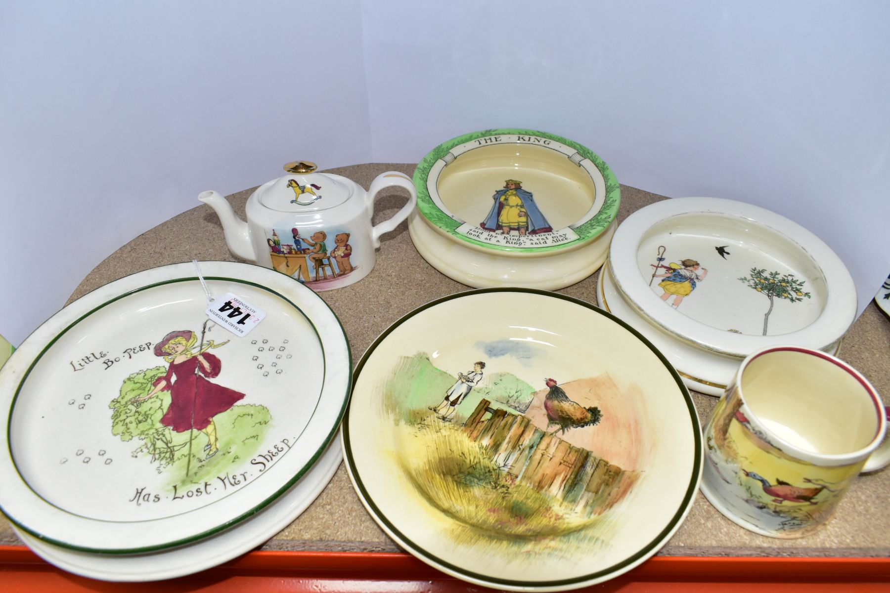 A GROUP OF ROYAL DOULTON NURSERY WARES, comprising three baby plates Nursery Rhyme B 'Little Bo