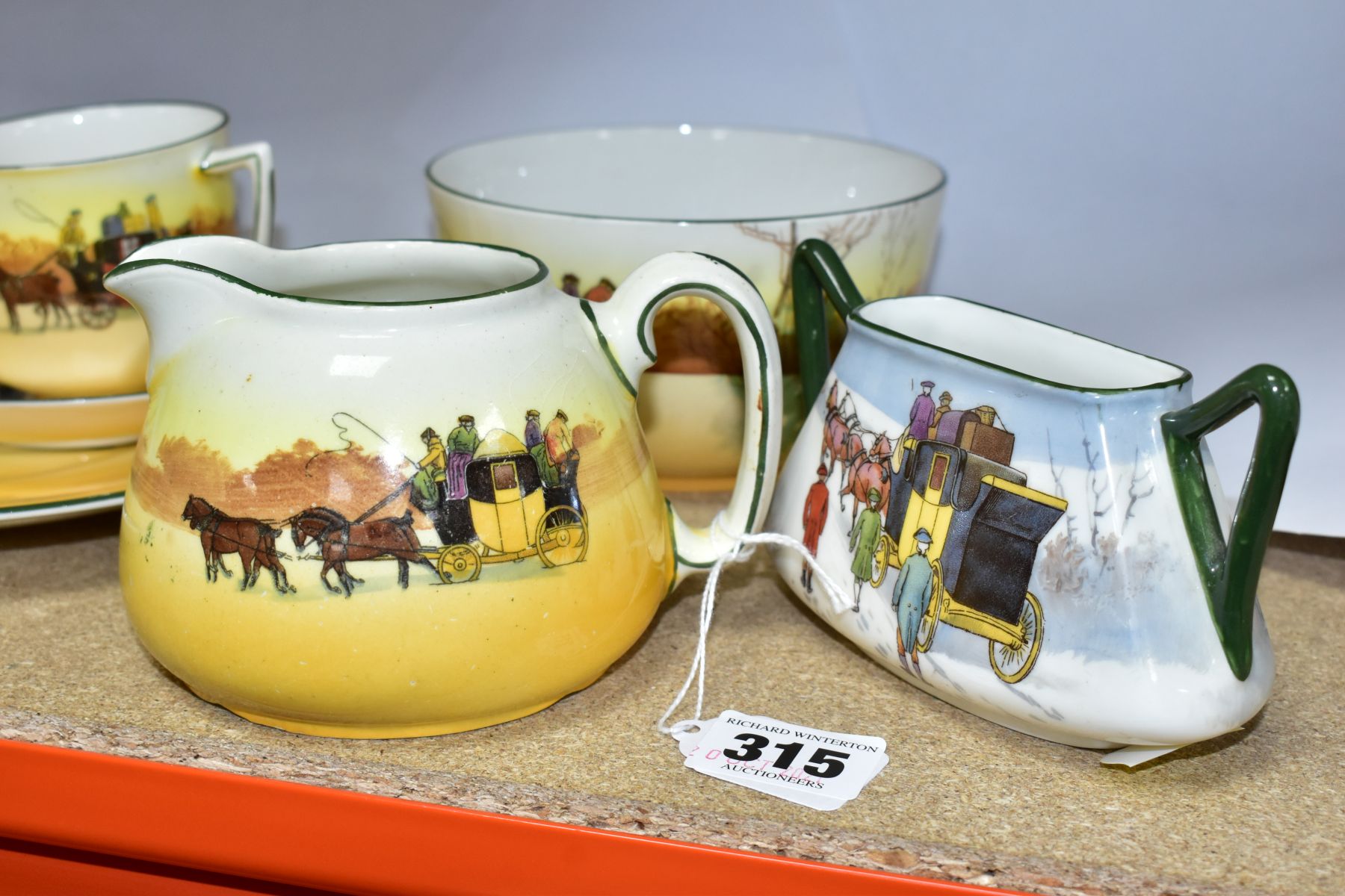 SIX ROYAL DOULTON SERIES WARE ITEMS, Coaching scenes, comprising jug, height 8cm D2416, a bread - Image 2 of 10