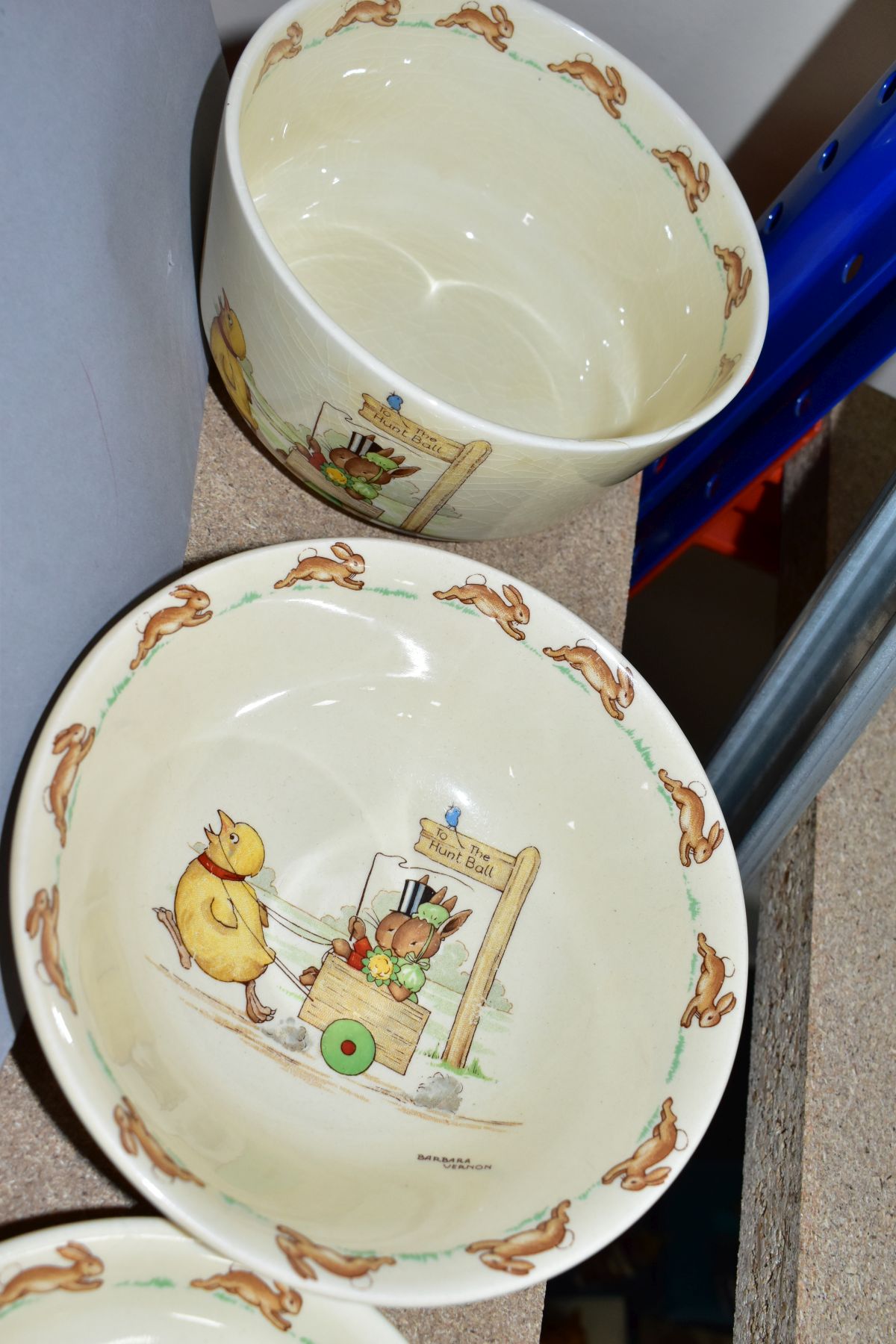 SIX PIECES OF ROYAL DOULTON BUNNYKINS EARTHENWARE TABLES WARES OF CHICKEN PULLING CART, DESIGNED - Image 4 of 10
