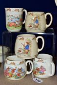 FOUR ROYAL DOULTON BUNNYKINS EARTHENWARE SINGLE HANDLED DON MUGS AND A SINGLE HANDLED BEAKER