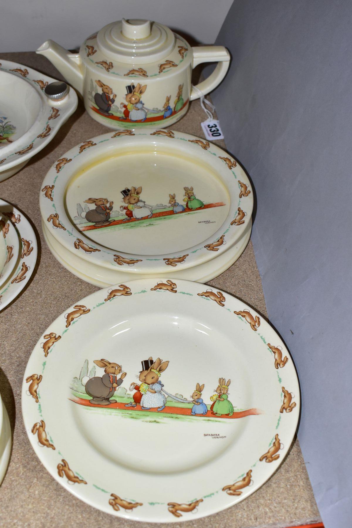 THREE PIECES OF ROYAL DOULTON BUNNYKINS EARTHENWARE TABLEWARES OF WEDDING SCENE DESIGNED BY