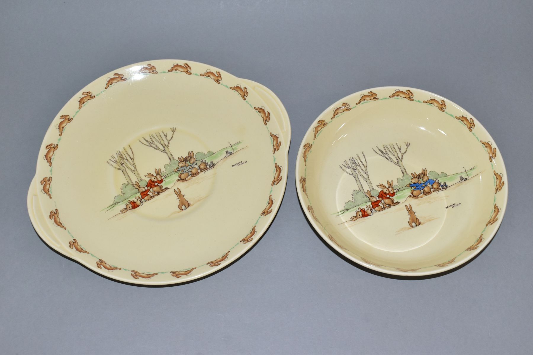 TWO PIECES OF ROYAL DOULTON BUNNYKINS EARTHENWARE, designed by Barbara Vernon comprising bread and